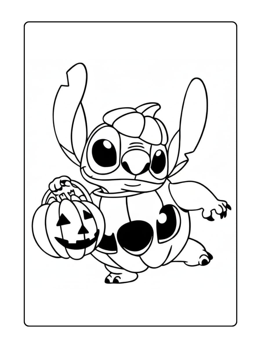 Kleurplaat stitch halloween - Stitch, verkleed als pompoen, is klaar voor trick or treat op Halloween