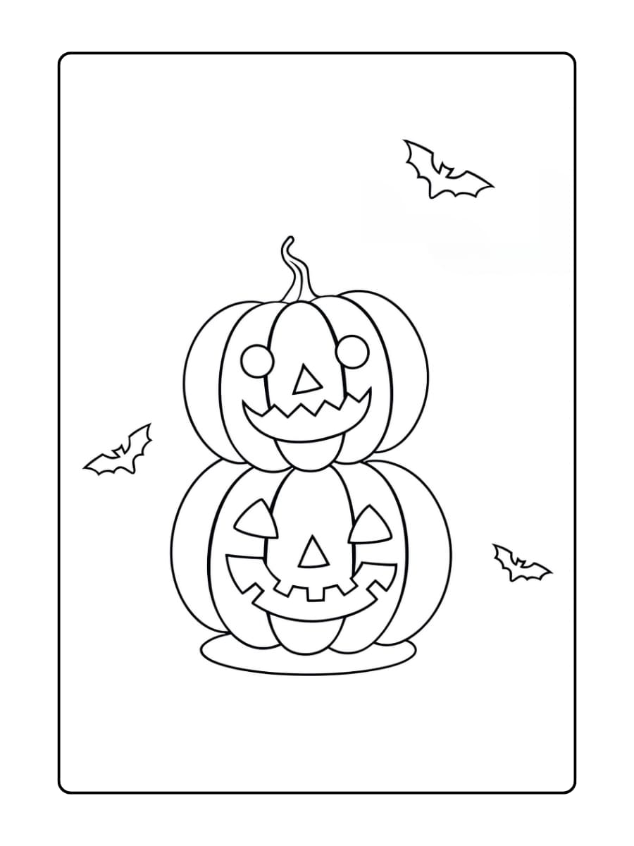 Kleurplaat twee lachende Halloween pompoenen met vleermuizen eromheen