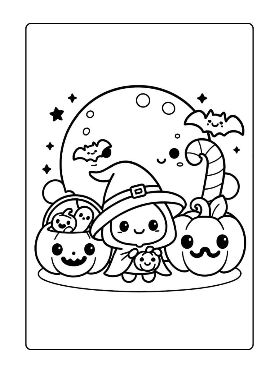 Kleurplaat Halloween - schattige heks viert Halloween met lachende pompoenen en vleermuizen onder de volle maan