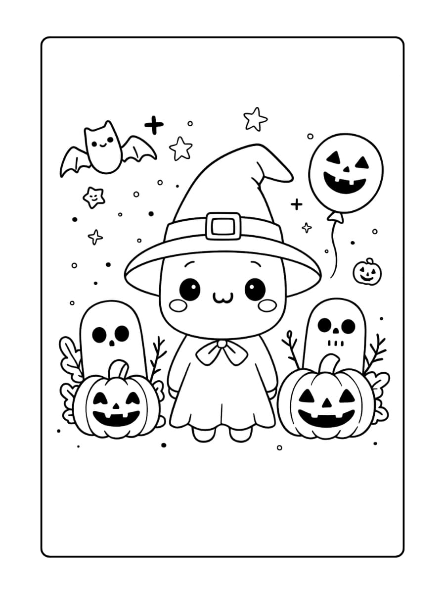 Kleurplaat Halloween - schattige heks viert Halloween tussen pompoenen, graven en een vleermuis