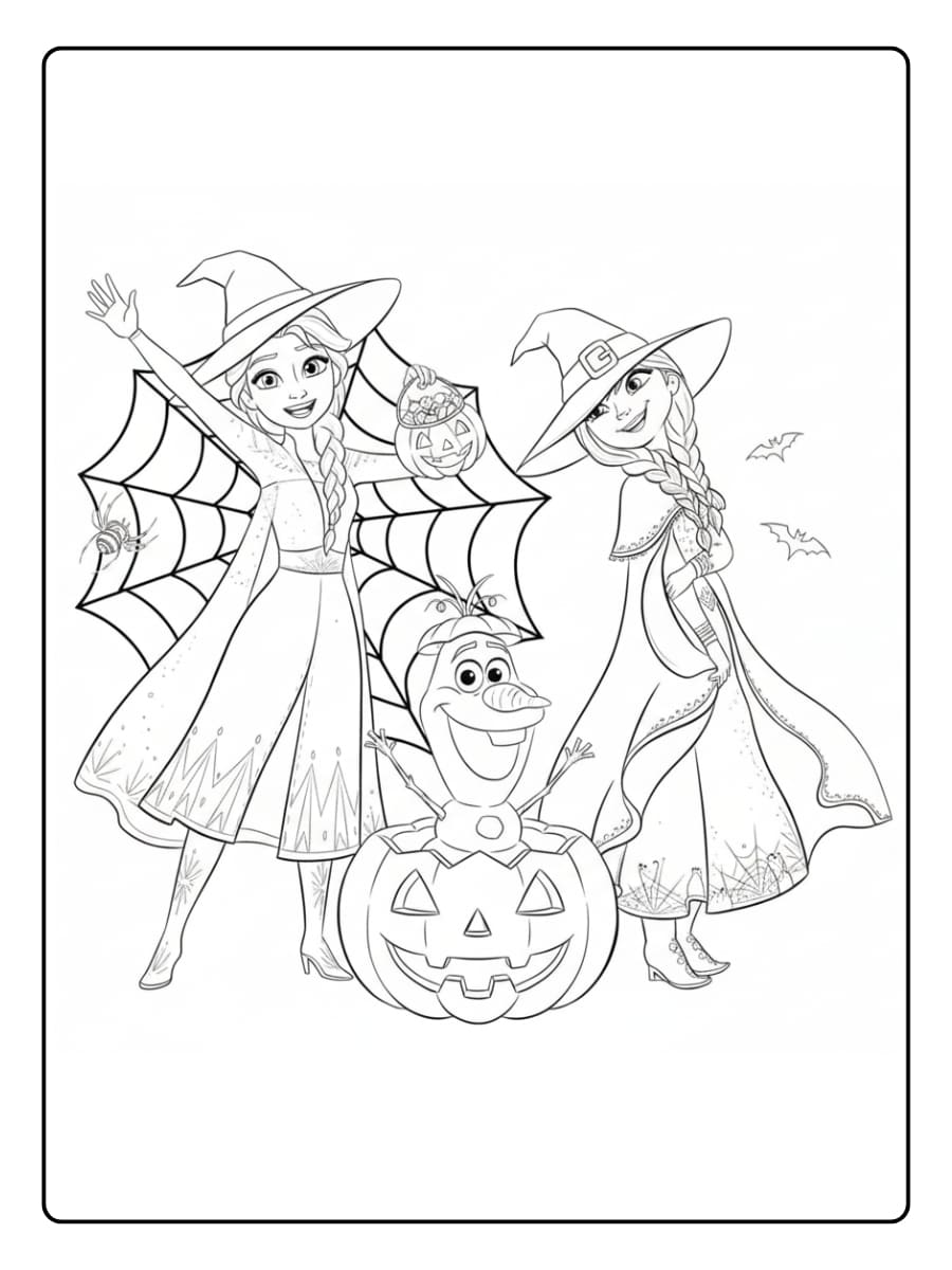 Elsa, Anna en Olaf halloween kleurplaat​