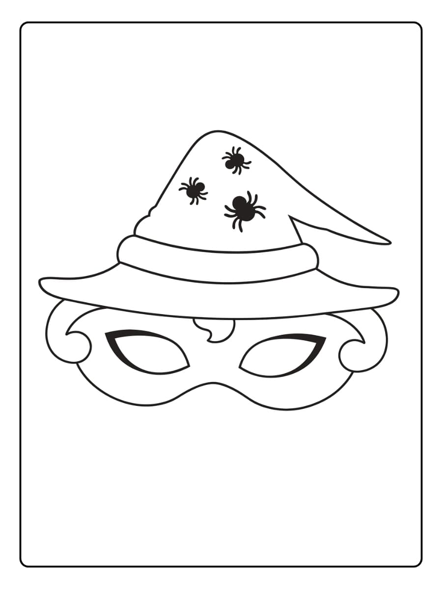 Kleurplaat Halloween masker met een heksenhoed en spinnen