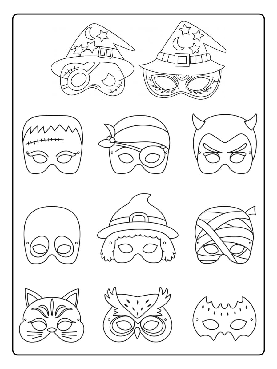 Kleurplaat Halloween maskers in verschillende stijlen