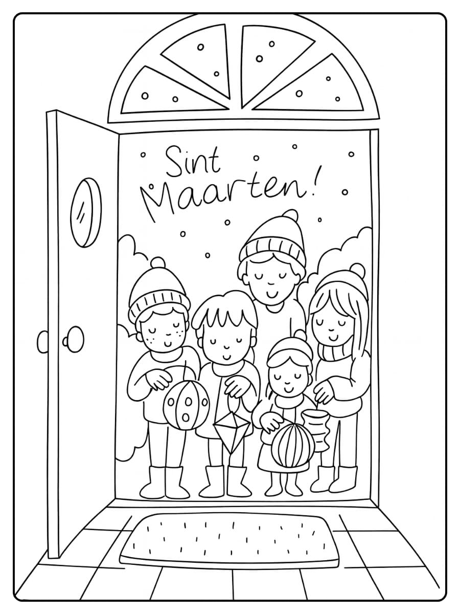 Kinderen staan met lampionnen bij de deur om Sint Maarten te vieren