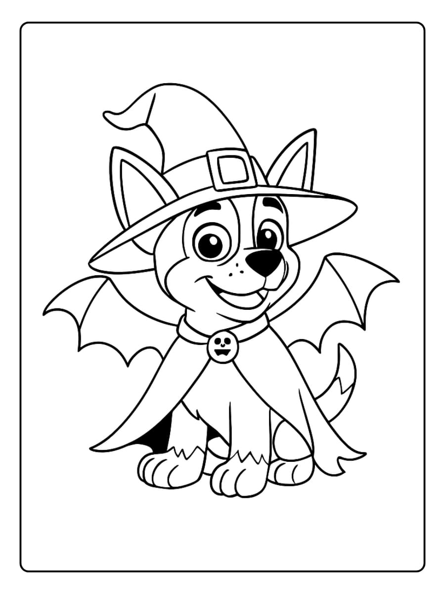 Kleurplaat Chase van Paw Patrol verkleed voor Halloween als heks met vleugels