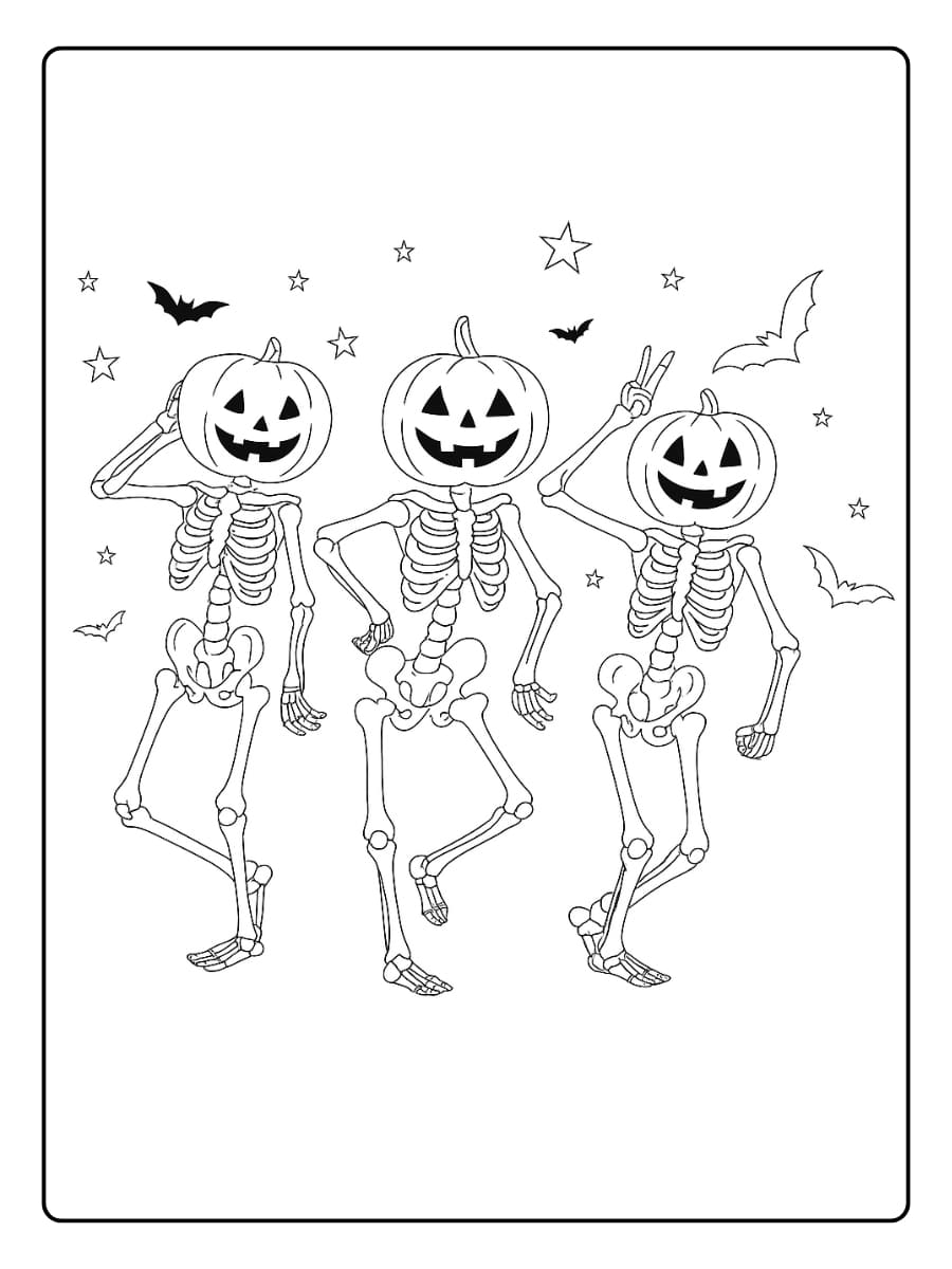 Kleurplaat Dansende skeletten met pompoenhoofden vieren Halloween Kleurplaat Dansende skeletten met pompoenhoofden vieren Halloween
