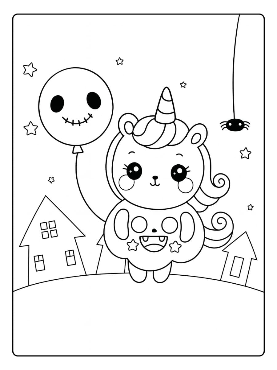 Kleurplaat Halloween eenhoorn met ballon en pompoenpak