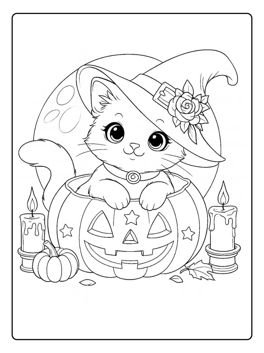 Kleurplaat Halloween kat met een heksenhoed zit in een pompoen tussen kaarsen