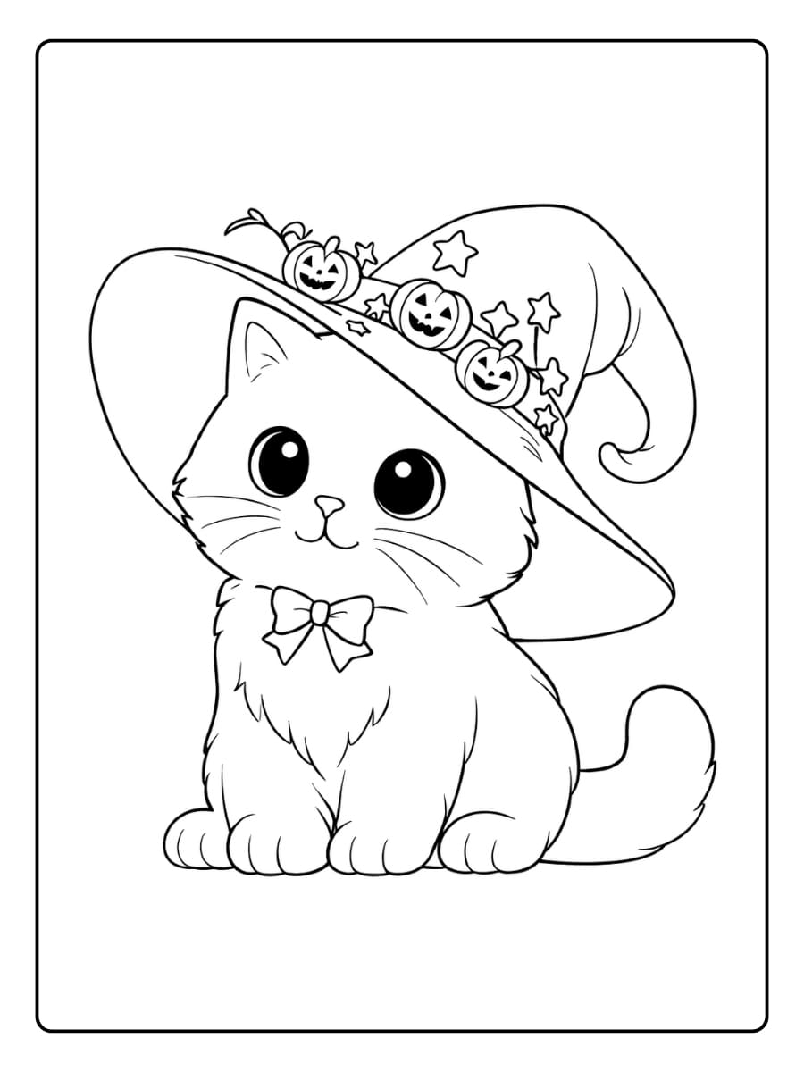 Kleurplaat Halloween kat met heksenhoed en pompoenen