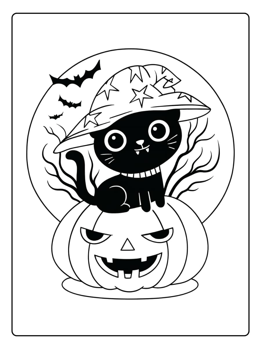 Kleurplaat Halloween kat met heksenhoed