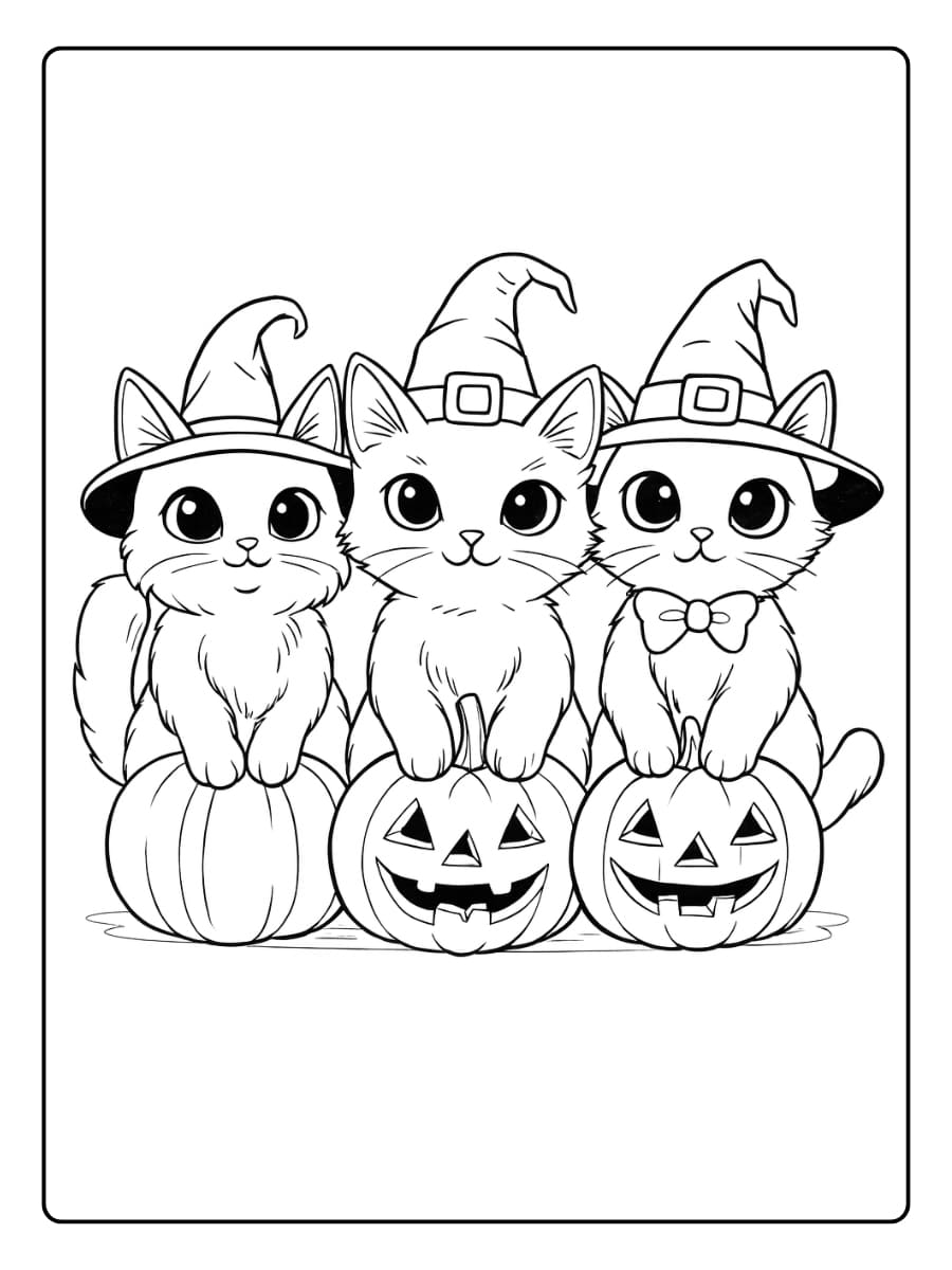 Kleurplaat Halloween kat met heksenhoeden zitten op pompoenen