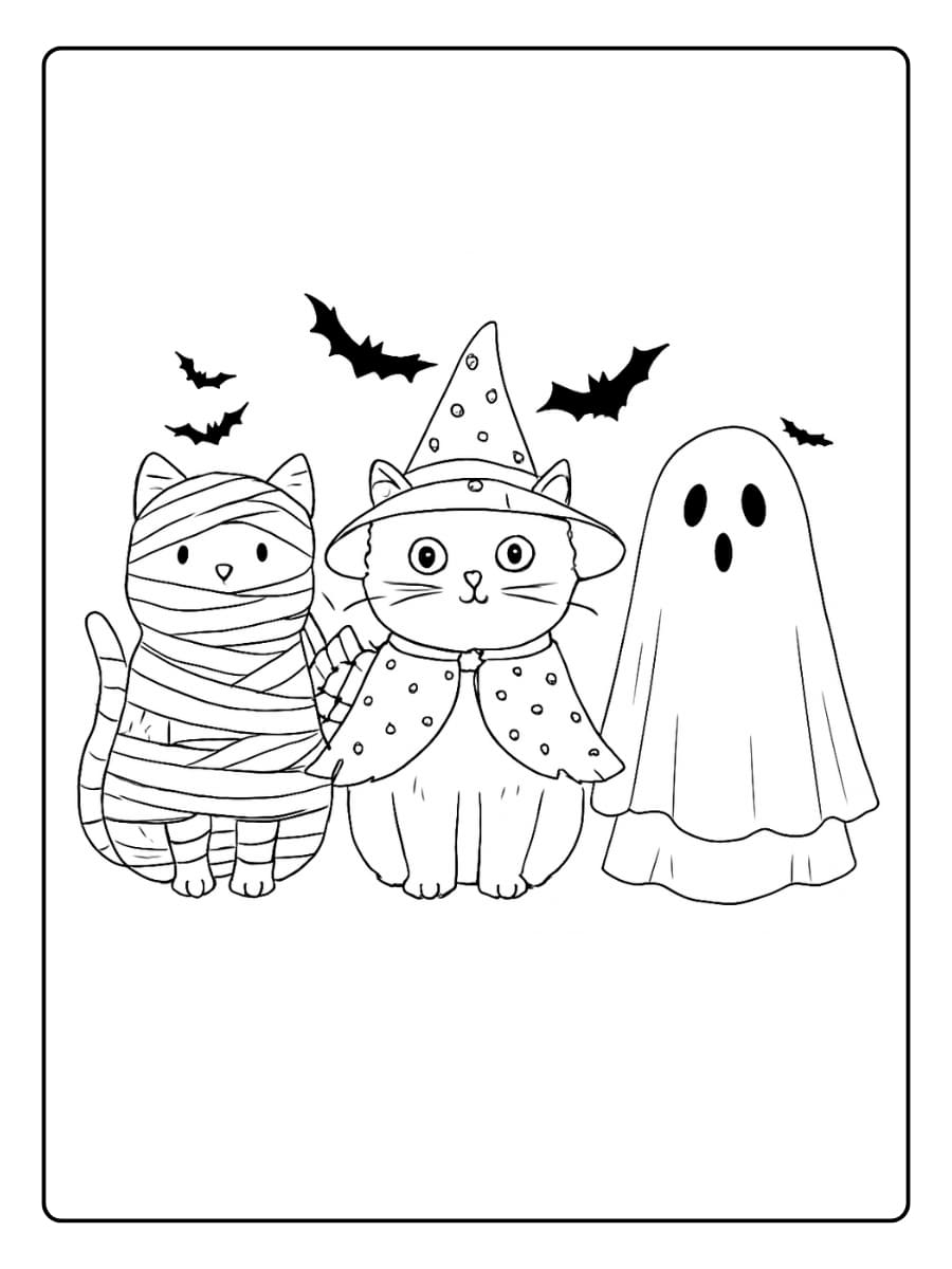 Halloween katten verkleed als mummie, heks en spook Kleurplaat Halloween katten verkleed als mummie, heks en spook