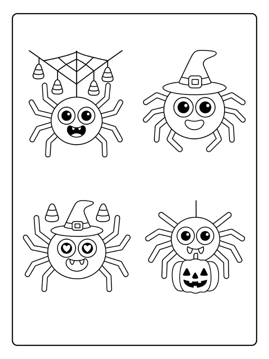 Kleurplaat Halloween spin met hoedjes, snoepjes en een pompoen