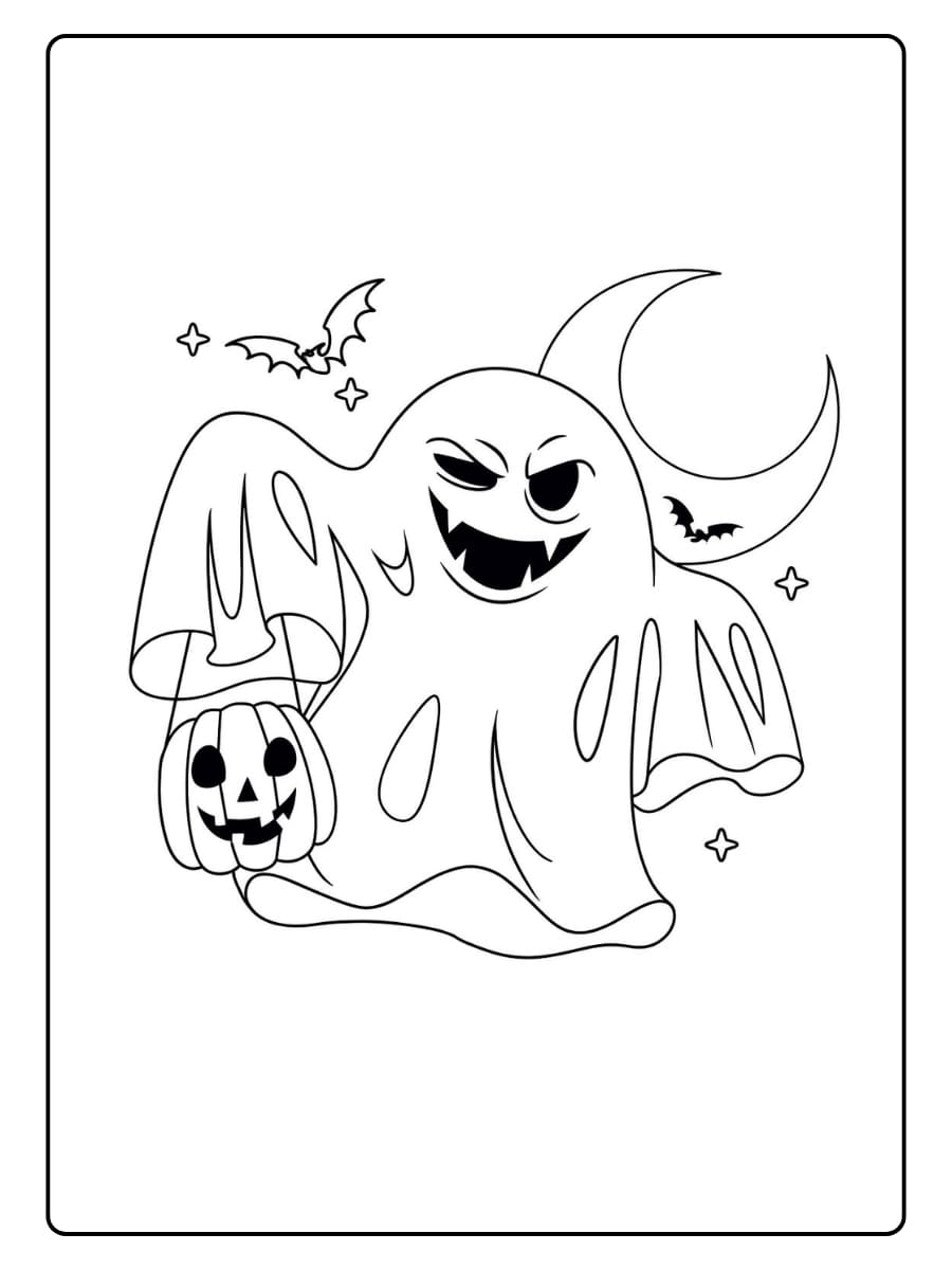 Kleurplaat Halloween spook met pompoen en vleermuizen