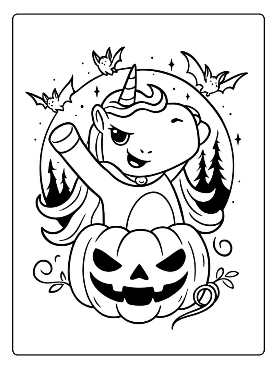 Kleurplaat Halloween unicorn in een pompoen met vleermuizen