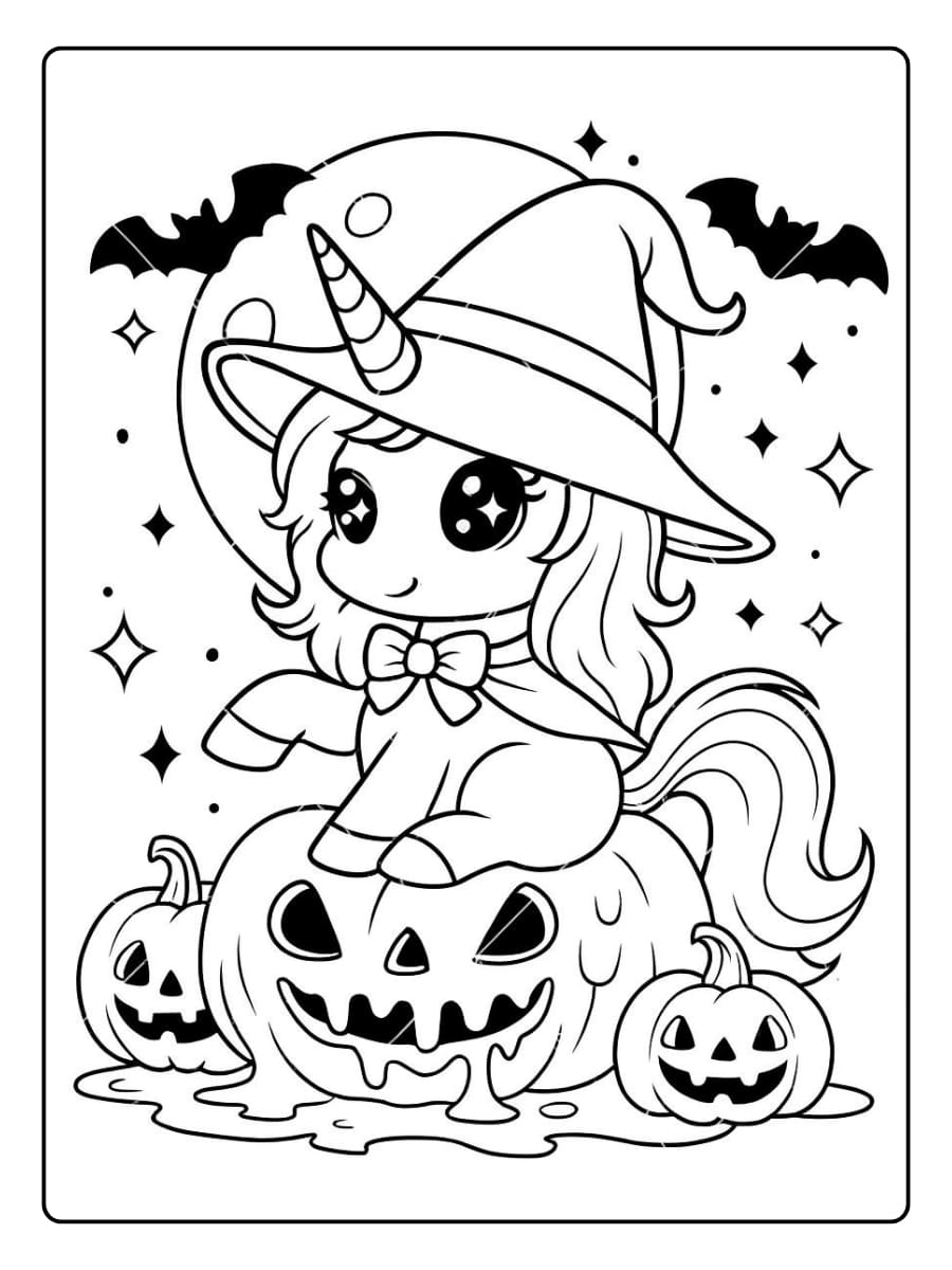 Kleurplaat Halloween unicorn met heksenhoed en pompoenen
