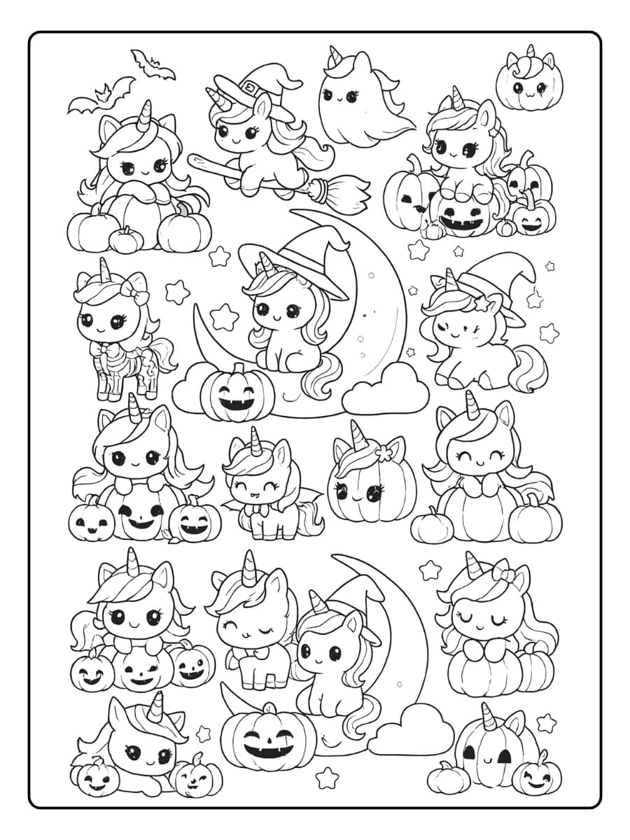 Kleurplaat Halloween unicorn met pompoenen en magie