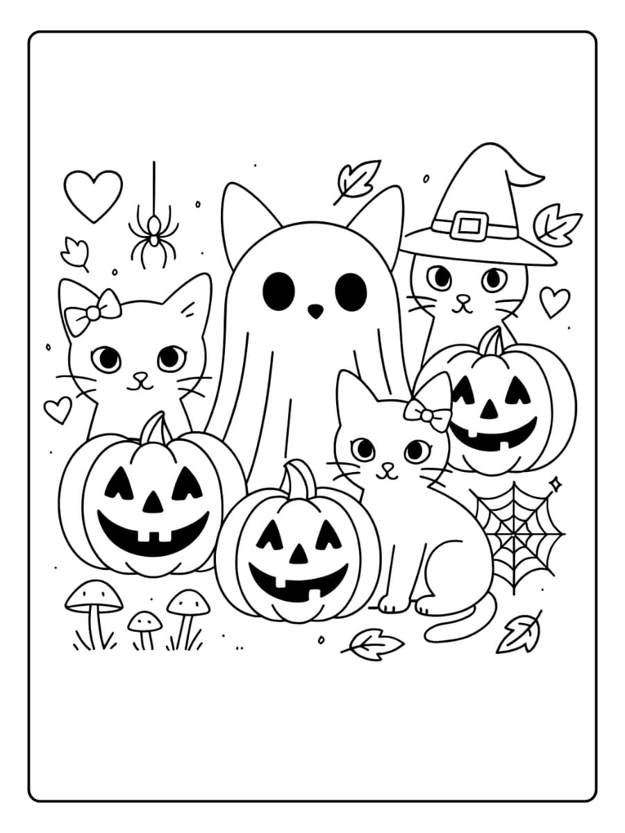 Kleurplaat Halloweenkatten met pompoenen en een spook ertussen Kleurplaat Halloweenkatten met pompoenen en een spook ertussen