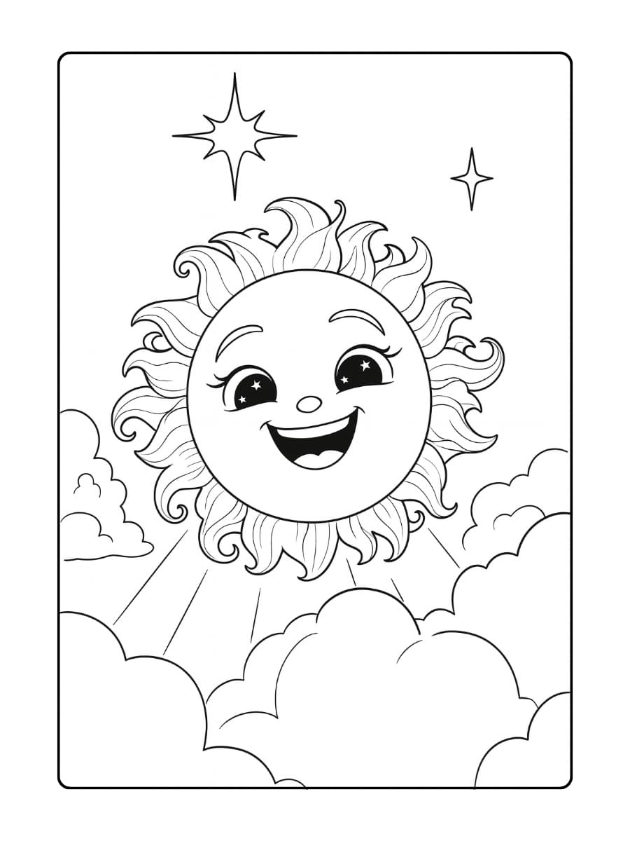 Kleurplaat Lachende zon met wolken en sterren