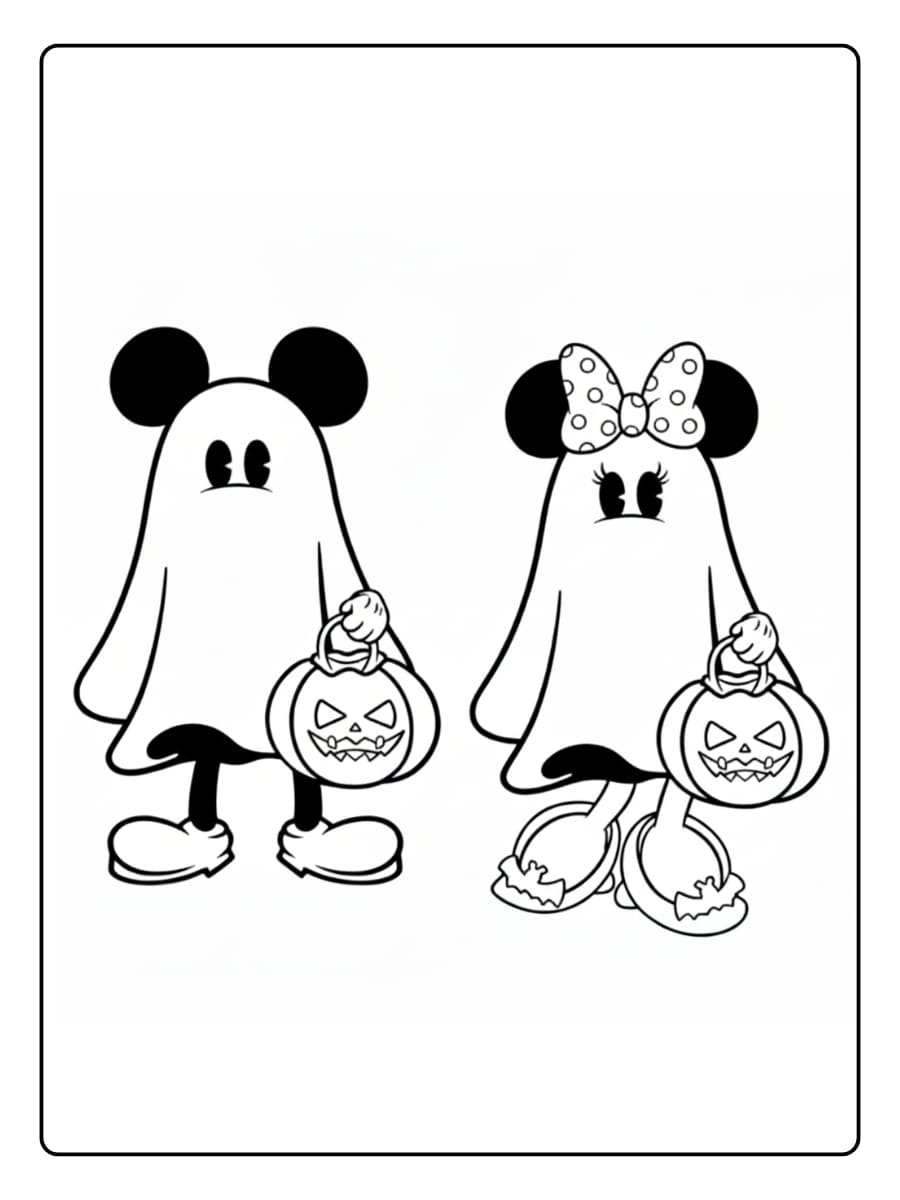 Kleurplaat Mickey en Minnie Spook