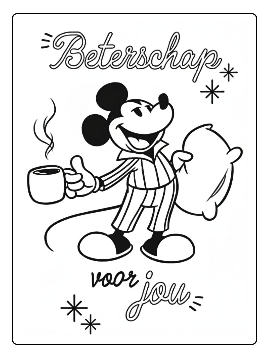 Kleurplaat Mickey in pyjama wenst je beterschap