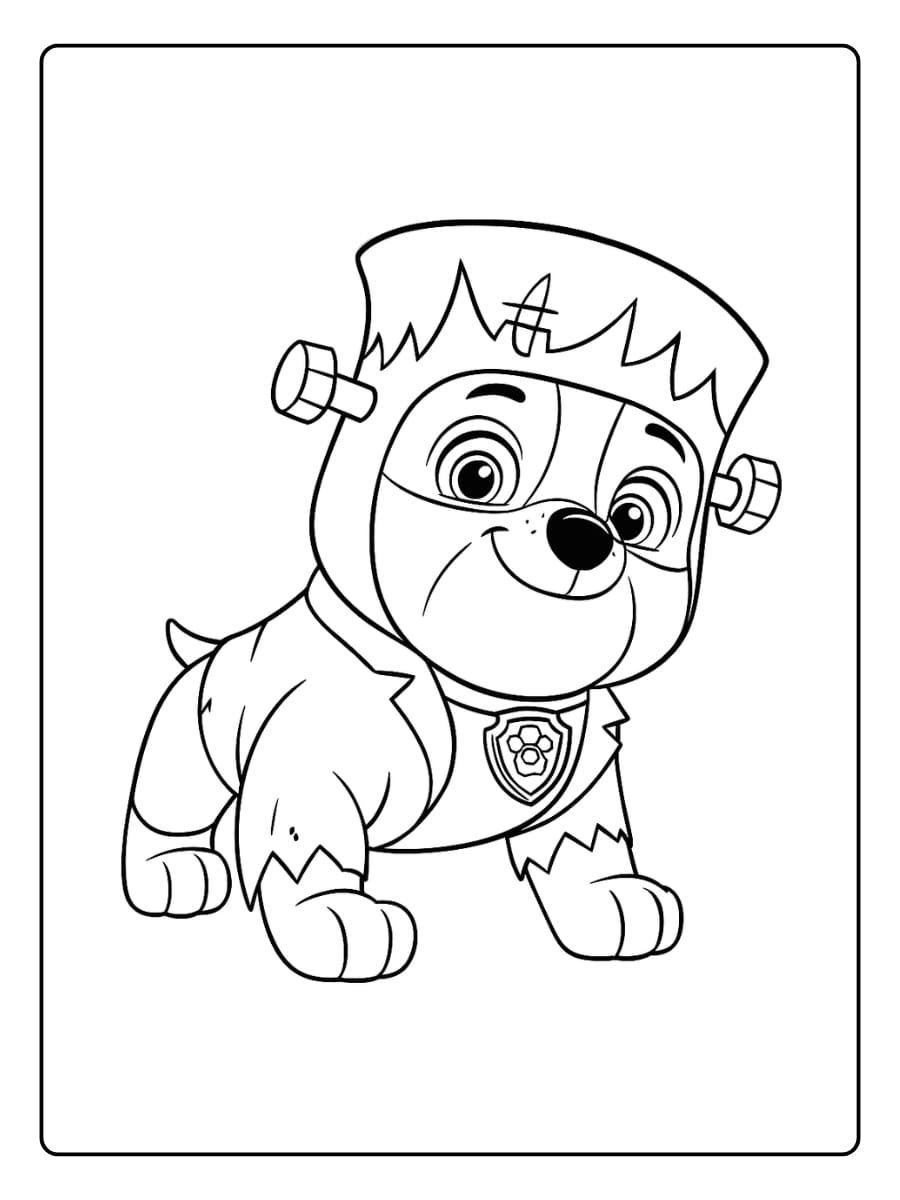 Kleurplaat Paw Patrol Halloween met Rubble verkleed als Frankenstein