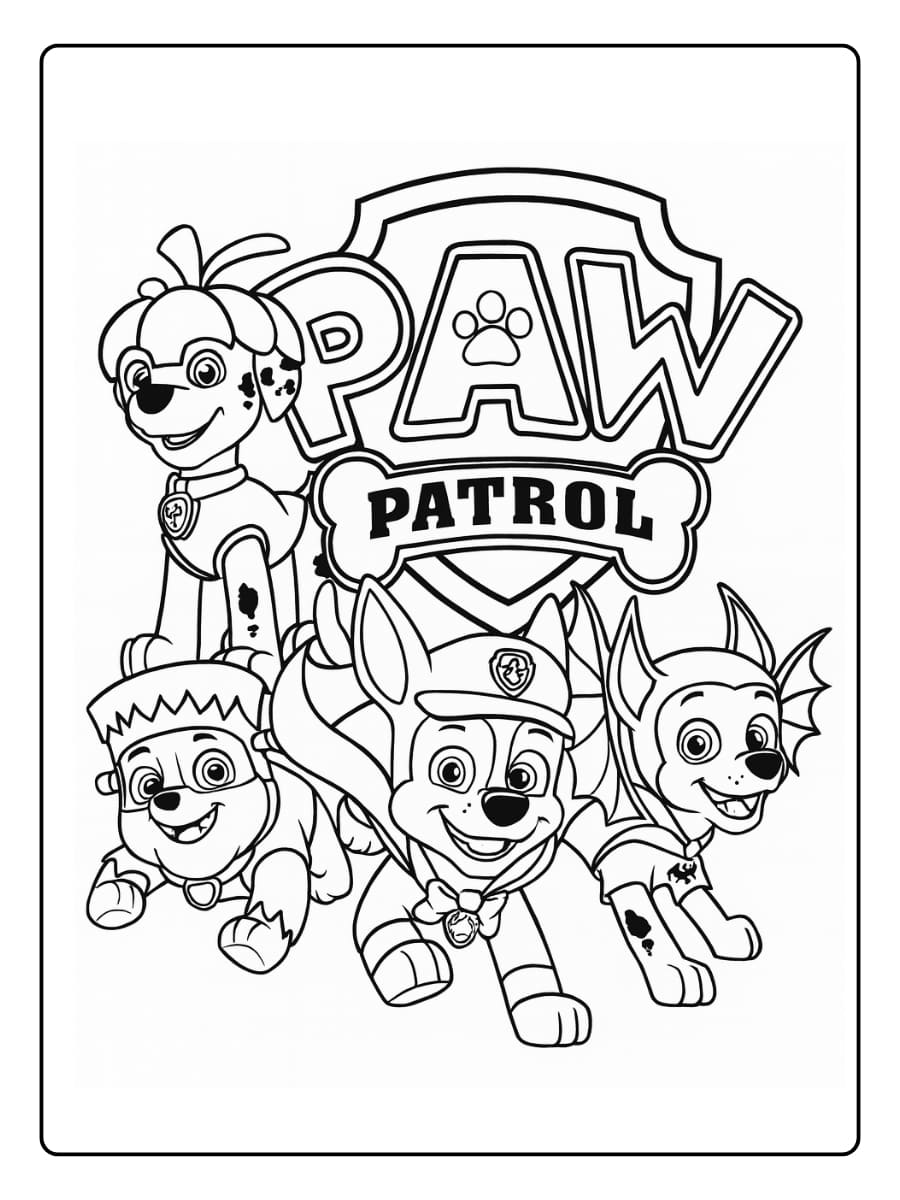 Kleurplaat Paw Patrol Halloween met de pups verkleed in kostuums