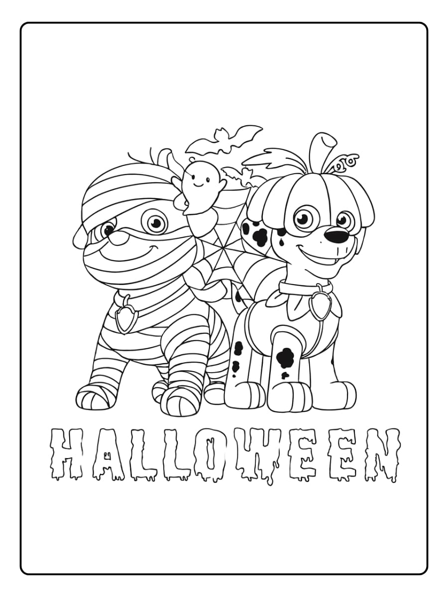 Kleurplaat Paw Patrol halloween met Rubble als mummie en Marshall als pompoen