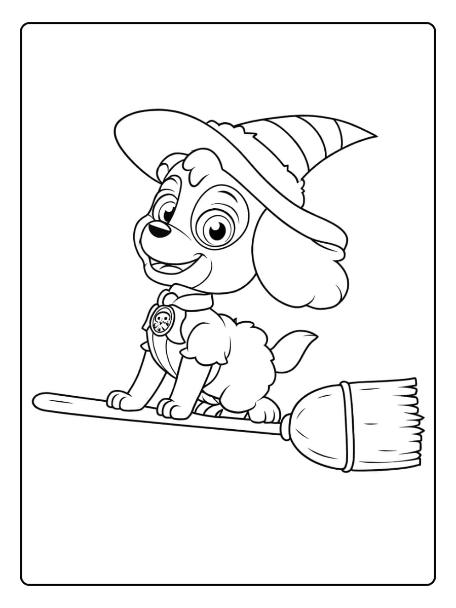 Kleurplaat Paw Patrol halloween met Skye verkleed als heks op een bezem