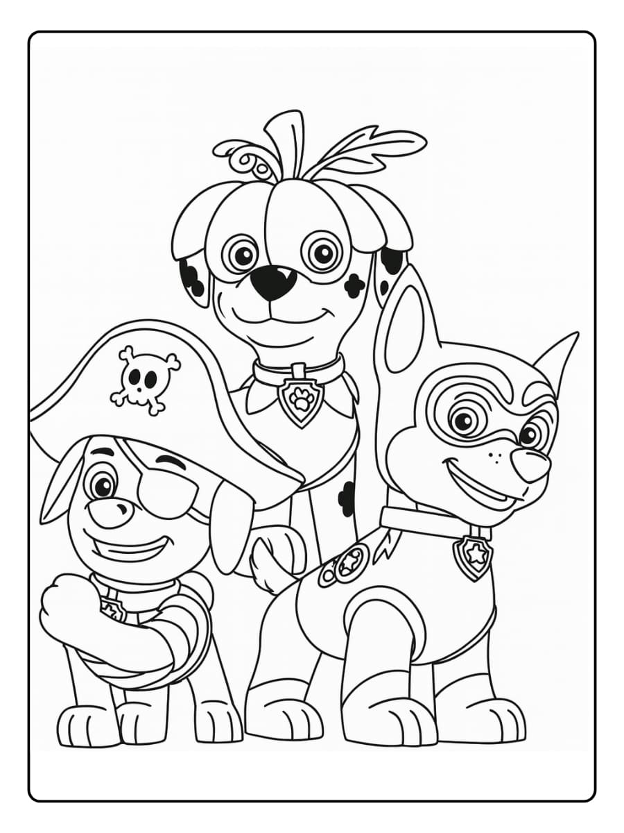Kleurplaat Paw Patrol halloween met pups verkleed als piraat, superheld en pompoen