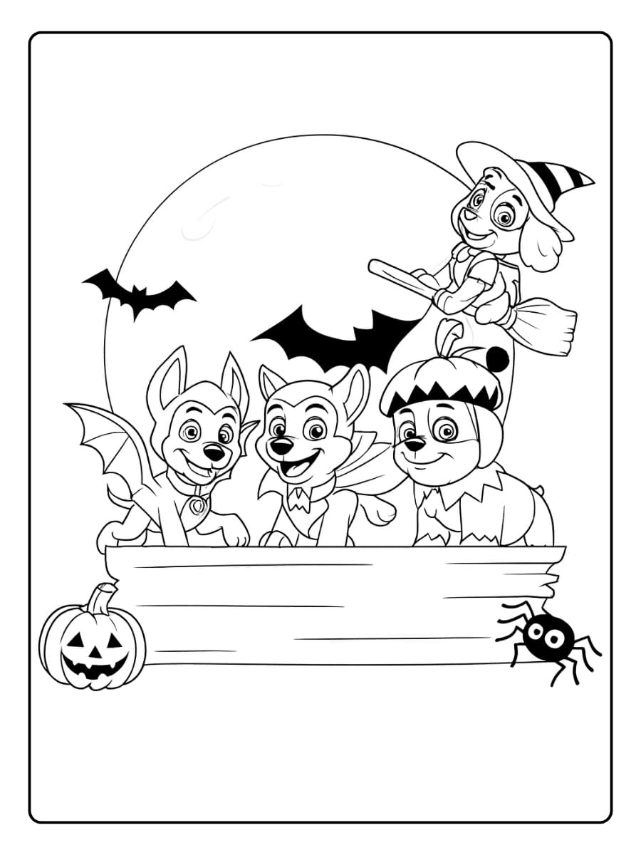 Kleurplaat Paw Patrol halloween met pups verkleed als vampier, heks, vleermuis