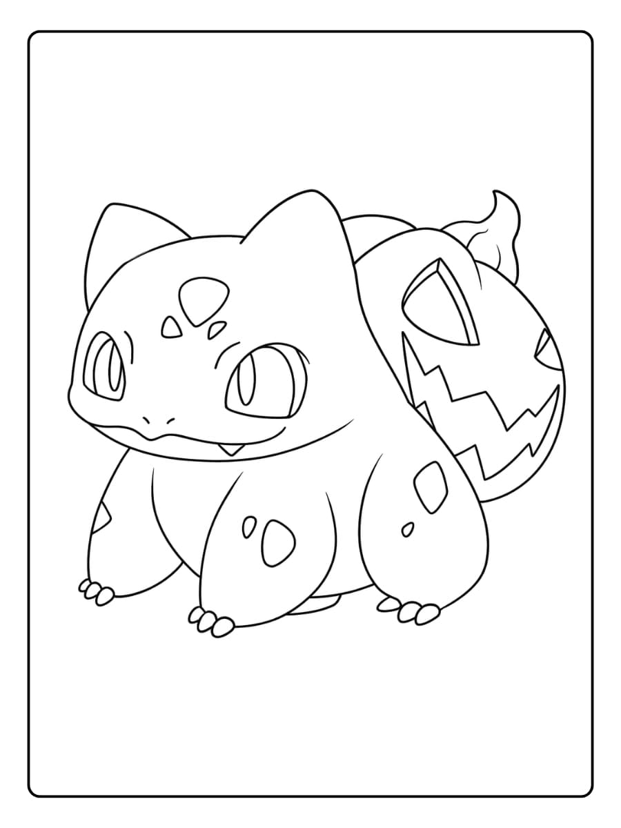 Kleurplaat Pokemon Halloween met Bulbasaur en een pompoen op zijn rug