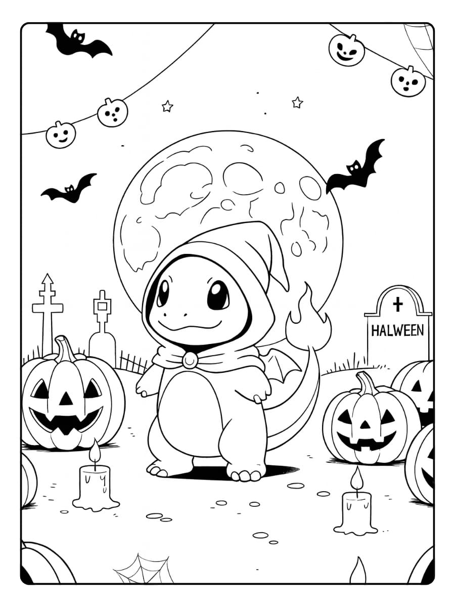 Kleurplaat Pokemon Halloween met Charmander tussen pompoenen en vleermuizen