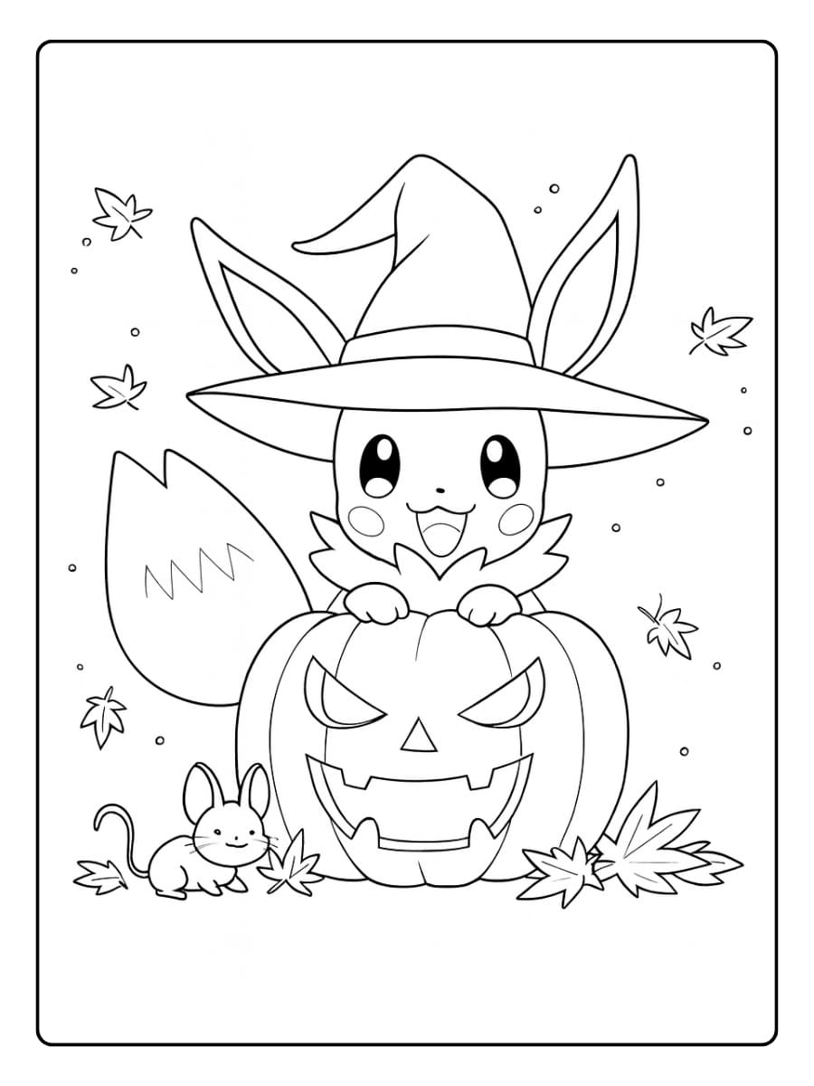 Kleurplaat Pokemon Halloween met Eevee in een heksenhoed en pompoen