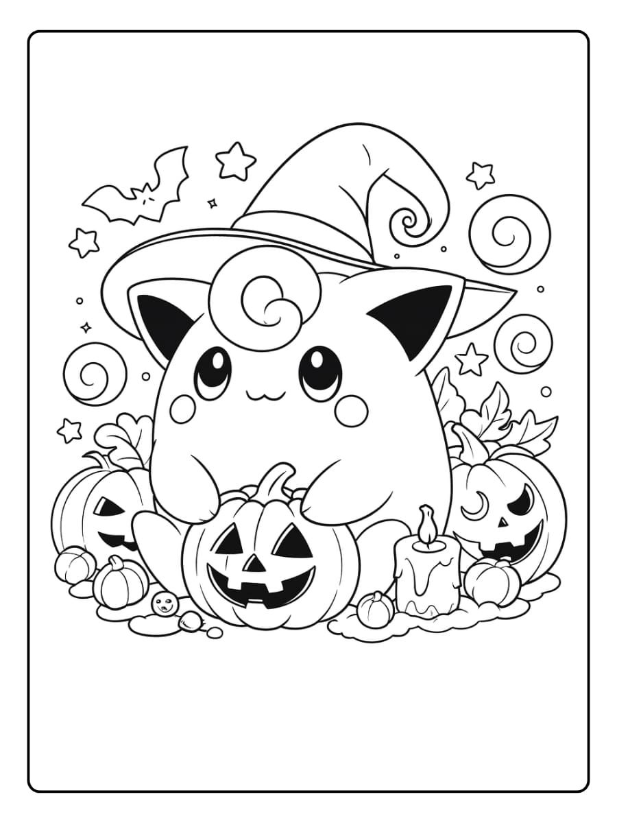 Kleurplaat Pokemon Halloween met Jigglypuff in een heksenhoed en pompoenen