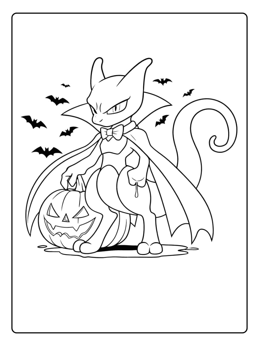 Kleurplaat Pokemon Halloween met Mewtwo verkleed als vampier