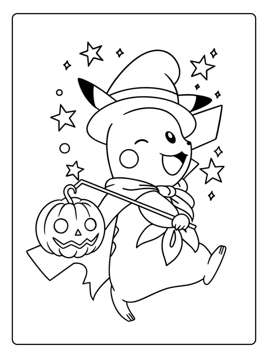 Kleurplaat Pokemon Halloween met Pikachu in heksenhoed en pompoenlantaarn