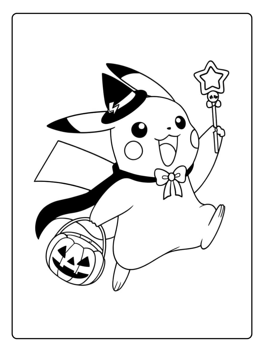 Kleurplaat Pokemon Halloween met Pikachu verkleed als tovenaar