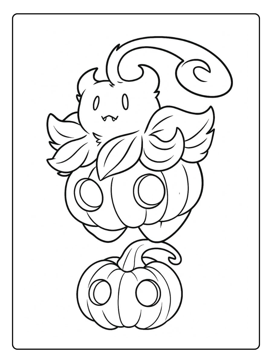 Kleurplaat Pokemon Halloween met Pumpkaboo en een pompoen