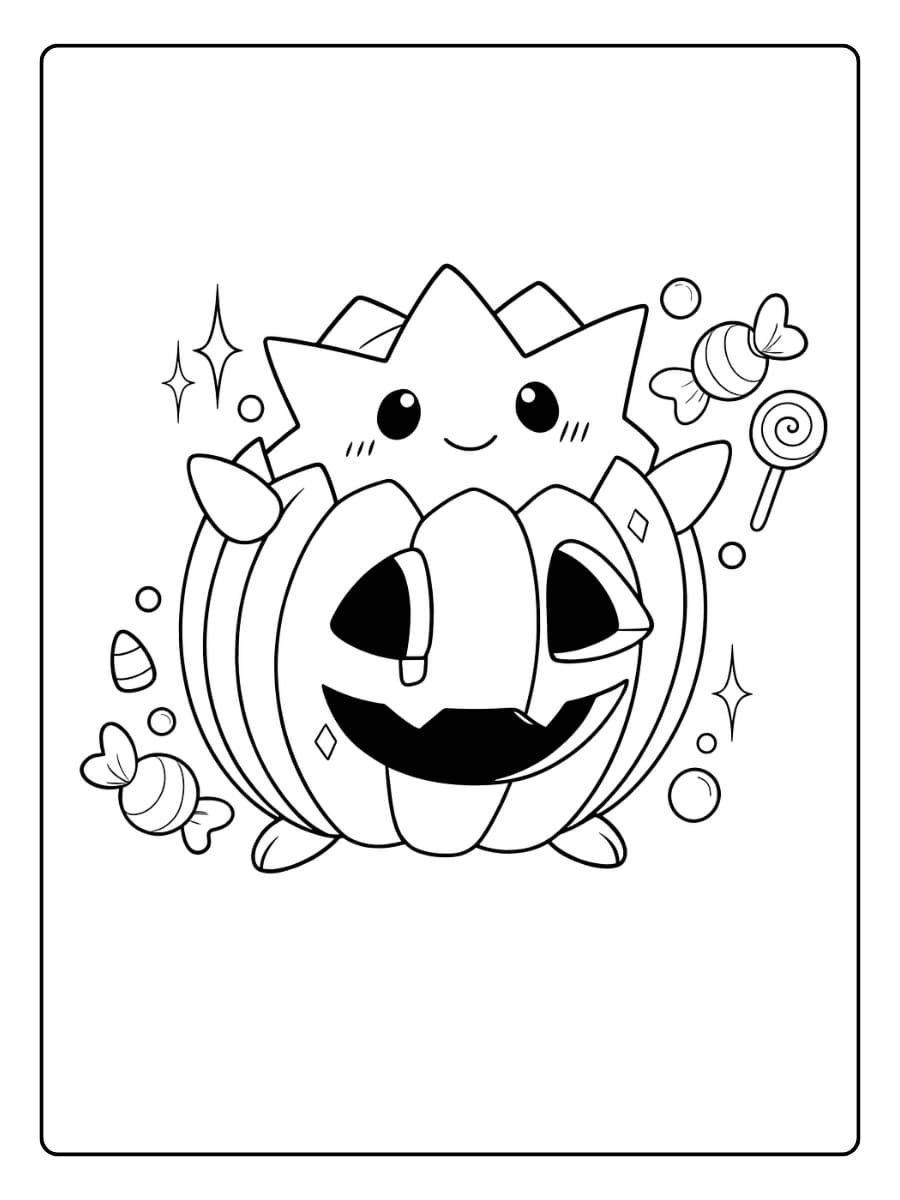 Kleurplaat Pokemon Halloween met Togepi in een pompoen vol snoep