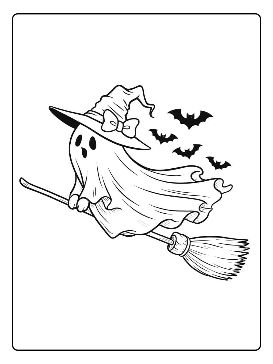 Kleurplaat Schattig spookje vliegt op een bezem met vleermuizen