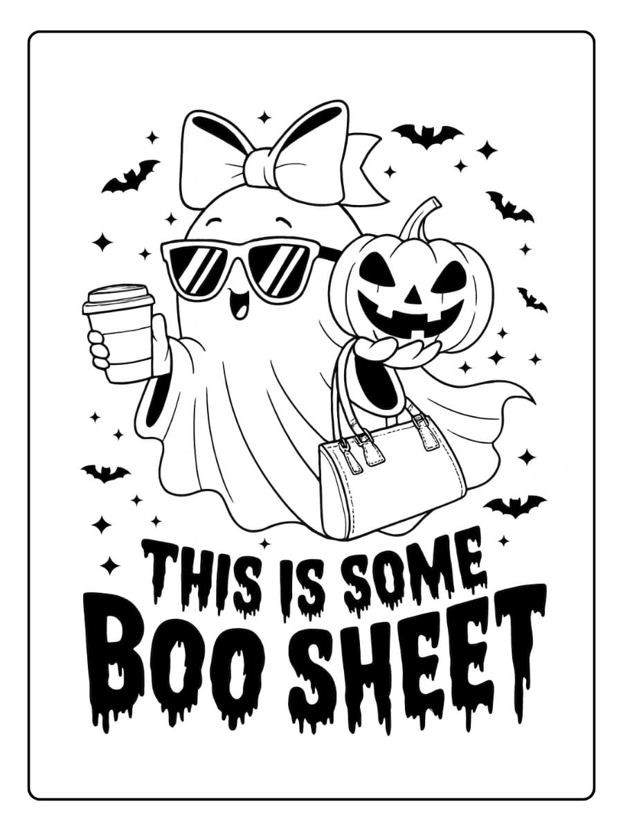 Kleurplaat Schattige Halloween geest met pompoen en koffie