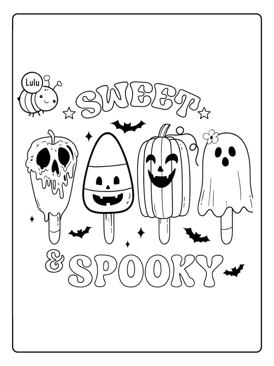 Kleurplaat Schattige Halloween ijsjes met grappige gezichten Kleurplaat Schattige Halloween ijsjes met grappige gezichten