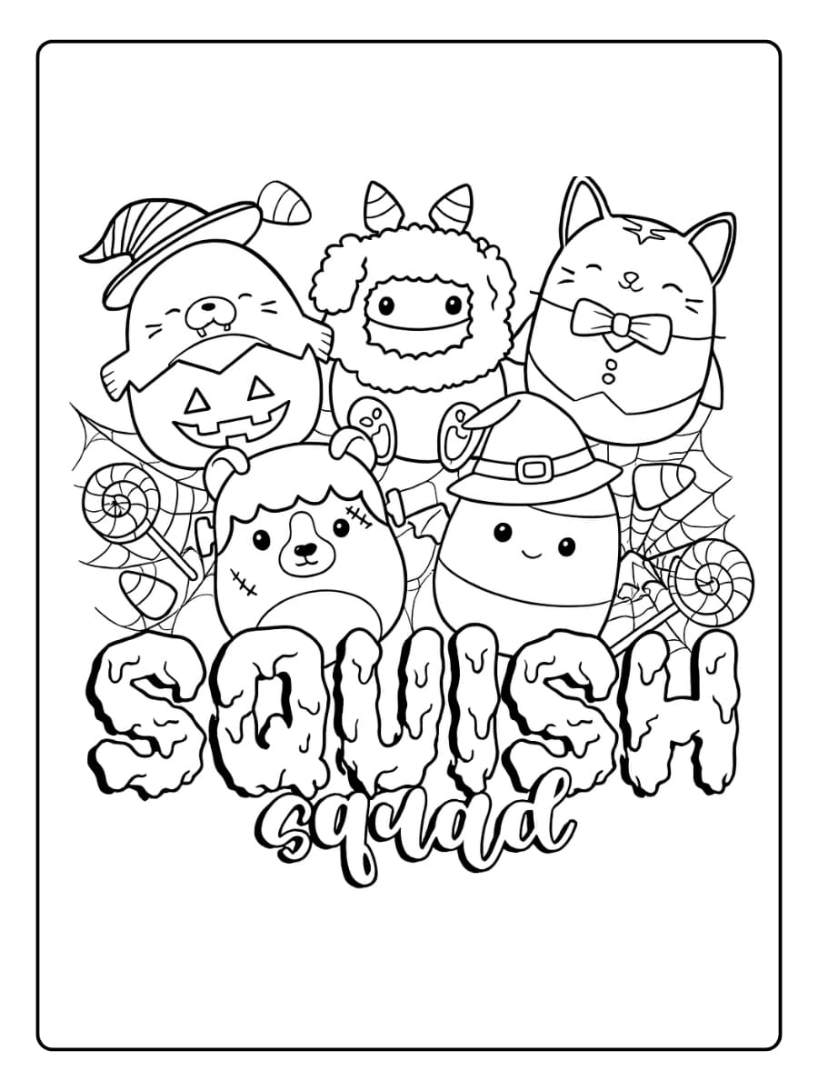 Kleurplaat Schattige Squishmallows verkleed voor Halloween