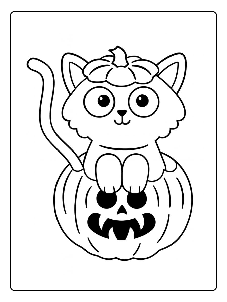 Kleurplaat Schattige kat in Halloween stijl met pompoen Kleurplaat Schattige kat in Halloween stijl met pompoen