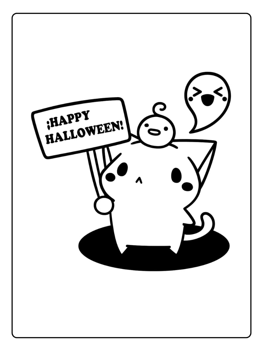 Kleurplaat Schattige kat viert Halloween met een spookje en bord Kleurplaat Schattige kat viert Halloween met een spookje en bord