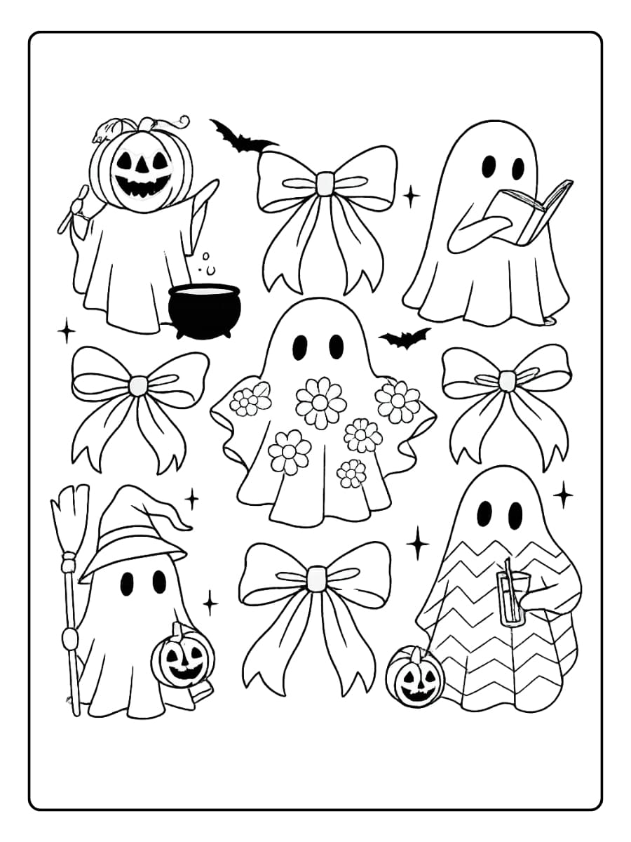 Kleurplaat Schattige spookjes vieren Halloween met linten, pompoenen en vleermuizen Kleurplaat Schattige spookjes vieren Halloween met linten, pompoenen en vleermuizen