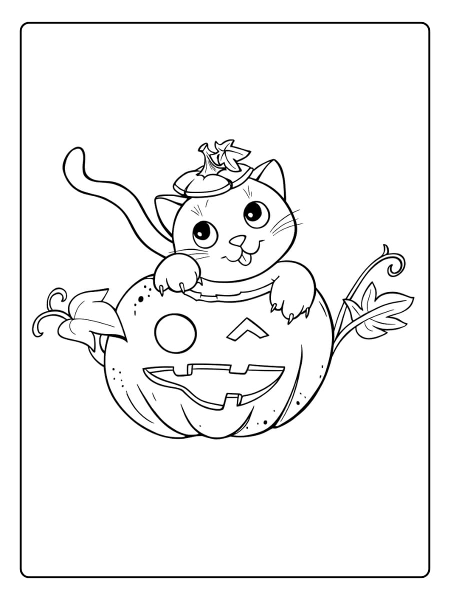 Kleurplaat Schattige zwarte kat in een pompoen voor Halloween Kleurplaat Schattige zwarte kat in een pompoen voor Halloween