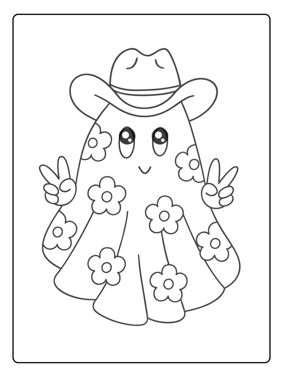 Kleurplaat Spook draagt een cowboyhoed en is versierd met vrolijke bloemen