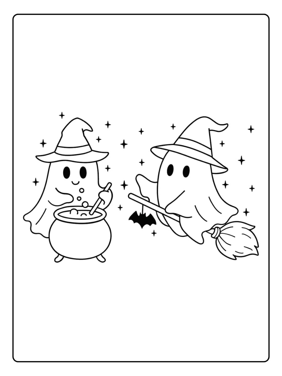 Kleurplaat Spook draagt een heksenhoed en maakt magie met zijn vriend Kleurplaat Spook draagt een heksenhoed en maakt magie met zijn vriend